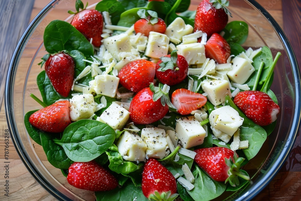 Bird s eye view of salad with cheese strawberries and spinach Bird s eye view of salad with cheese strawberries and spinach