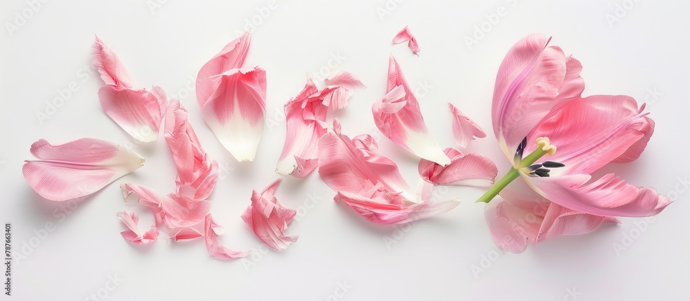 A creatively arranged disassembled pink tulip captured in an artistic studio setting against a white background, representing the vibrant essence of spring.