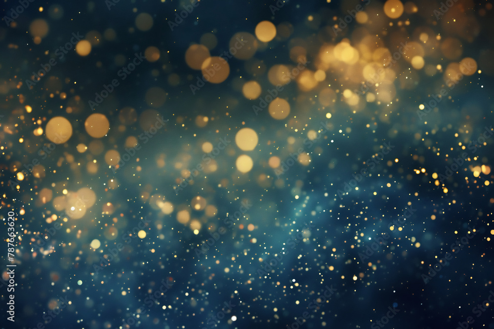 Obraz premium Abstract Golden Bokeh Lights on Blue Background, Festive Glittering Texture, Christmas Golden light shine particles bokeh on navy blue background