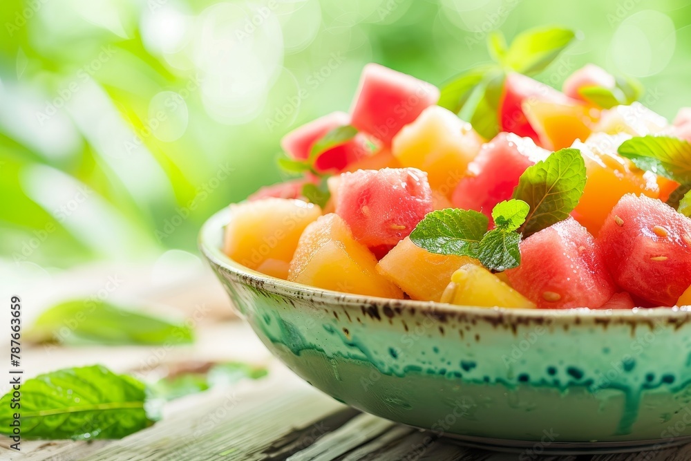 Bowl of watermelon and honeydew salad Blurred background Bowl of watermelon and honeydew salad Blurred background