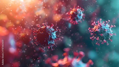 Rendered virus particles appear suspended in a microscopic view of a biological ecosystem, highlighted with a deep blue and pink color palette  © Ziyan