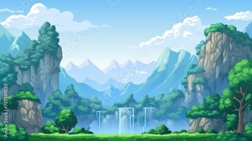 Serene Mountain Valley, Vibrant Cartoon Landscape