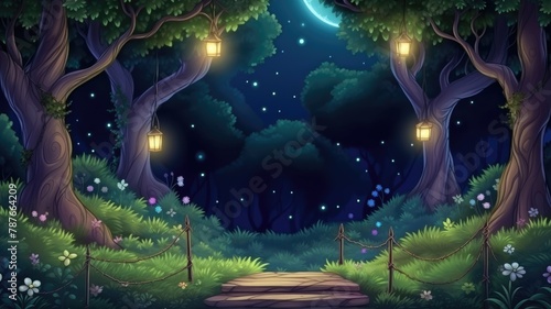 Enchanted Forest Pathway, Magical Night Sky Illustration
