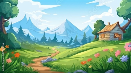 Peaceful Mountain Cabin, Scenic Countryside Illustration