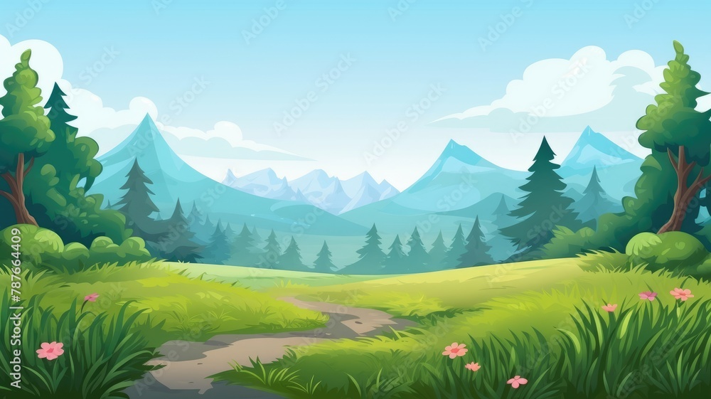 Enchanting Mountain Pathway, Lush Forest Cartoon Enchanting Mountain Pathway, Lush Forest Cartoon
