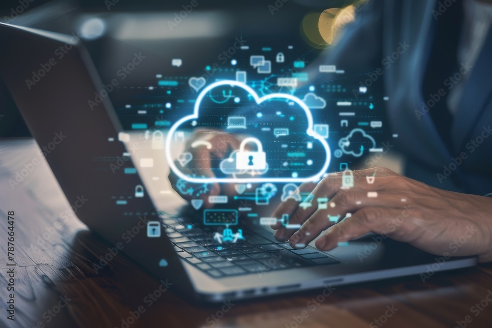 Businessman secure data with cloud computing and padlock interface focusing on cyber security and privacy Businessman secure data with cloud computing and padlock interface focusing on cyber security and privacy