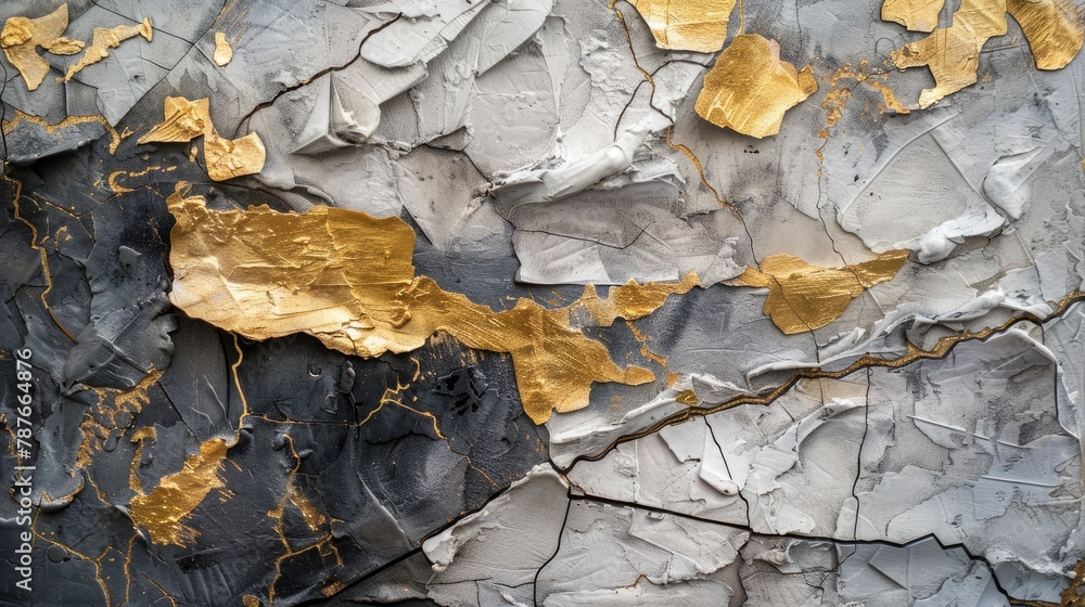 Textured Stone Wall with Gold Accents Abstract Beauty in White Grey Black and Gold Complex Background
