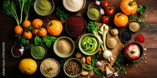 photo of vegan food ingredients on a table from above