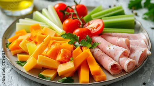 Freshly prepared platter with prosciutto, cheese, celery, and cherry tomatoes for a healthy snack