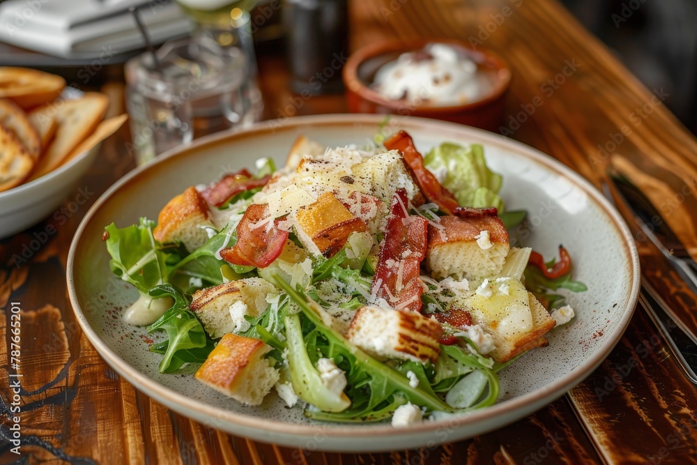 Caesar Salad with bacon and cheese on wood table Caesar Salad with bacon and cheese on wood table