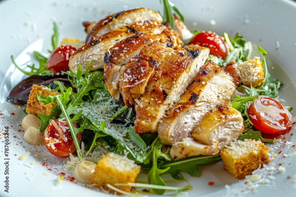 Caesar salad with chicken croutons tomatoes and Parmesan on white plate BBQ meat salad on restaurant menu Caesar salad with chicken croutons tomatoes and Parmesan on white plate BBQ meat salad on restaurant menu