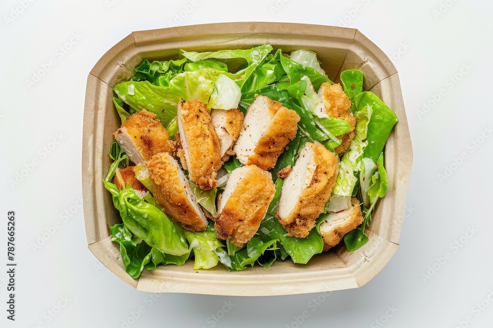Caesar salad with chicken in a takeout container on a white background top view Caesar salad with chicken in a takeout container on a white background top view
