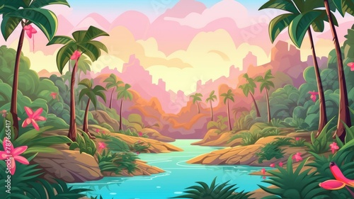 Tropical Sunrise in the JunglE   Vibrant Morning Illustration