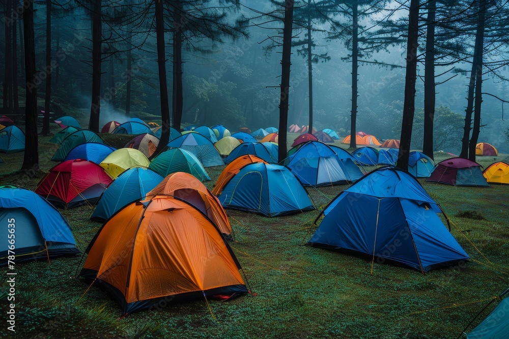 Campgrounds with various colored tents