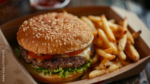 Juicy cheeseburger with sesame bun and crispy french fries in a takeout box