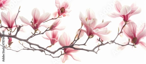 Pink magnolia flowers in spring are on a tree branch and stand out against a white background.