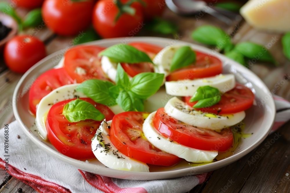 Caprese salad on a wooden table with cheese tomatoes and basil Caprese salad on a wooden table with cheese tomatoes and basil