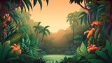 Enchanted Tropical Forest Sunrise, Vibrant Cartoon Illustration