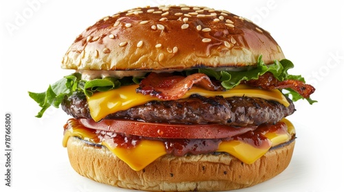 Mouthwatering double cheeseburger with crispy bacon and fresh lettuce on a sesame seed bun © sadewotito