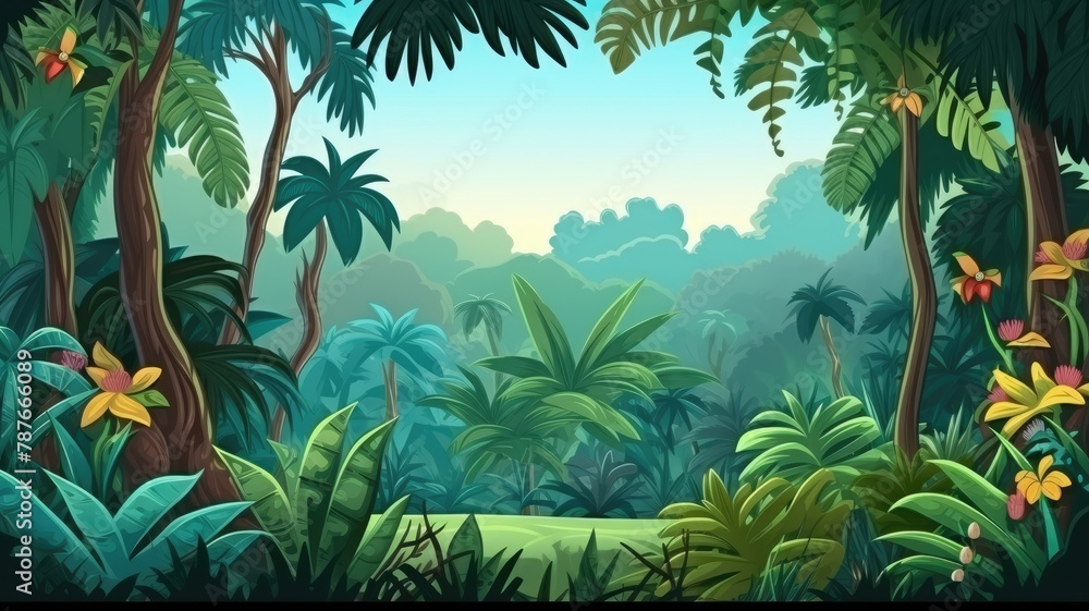 Fototapeta premium Enchanted Tropical Forest Pathway, Lush Greenery Illustration