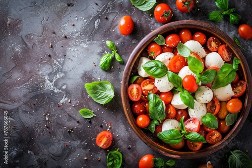 Caprese salad with cherry tomatoes mozzarella and basil Top view with empty space