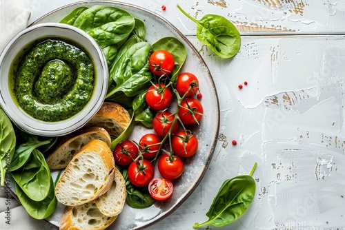 Caprese salad with ciabatta slices pesto sauce cherry tomatoes spinach mozzarella on white wooden plate