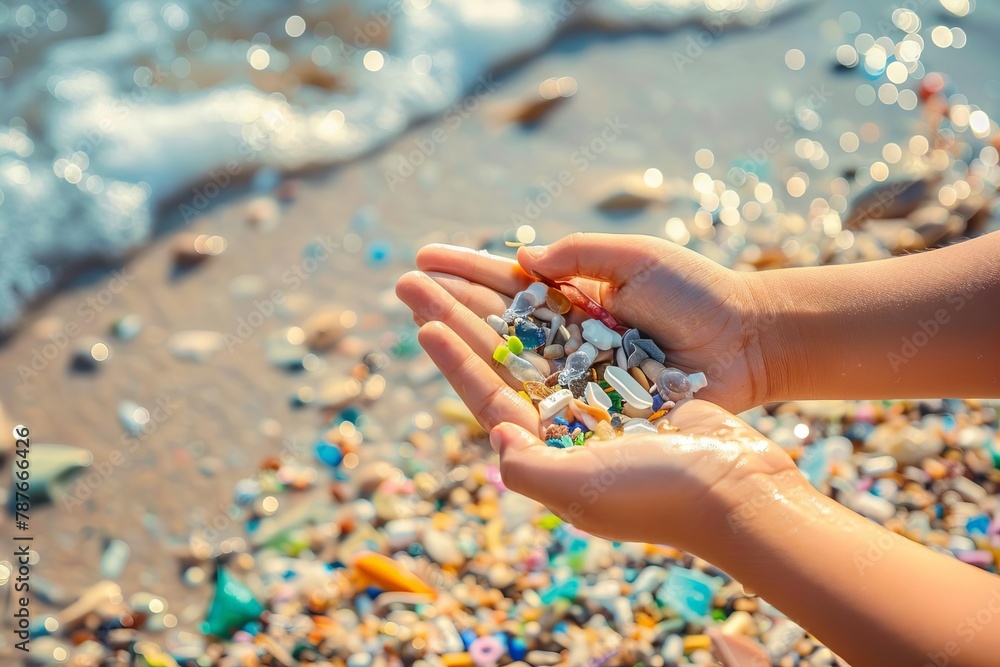 hands collecting microplastics on beach water pollution and environmental conservation photo - obrazy, fototapety, plakaty 