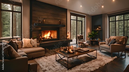 Wallpaper Mural luxury living room with fireplace, cozy cabin with beautiful rainy forest view Torontodigital.ca