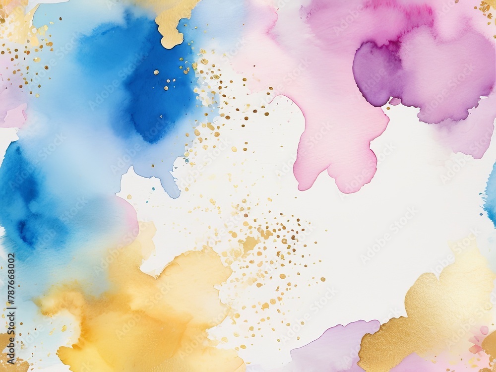 Abstract watercolor design in colors pink, blue and gold. Soft watercolor texture