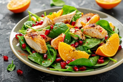 Chicken salad with orange spinach and pomegranate seeds Healthy eating idea
