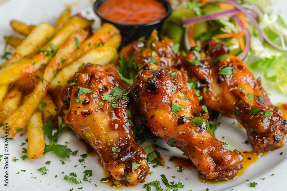 Chicken wings with mango chutney fries and salad