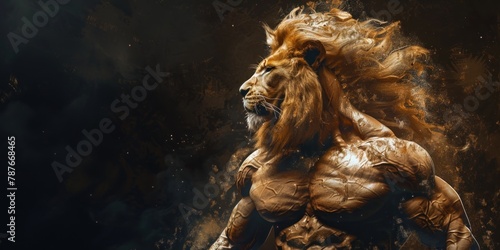 Majestic lion with human bodybuilder form  sparkling gold dust background.