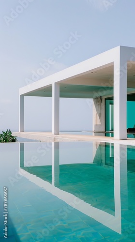 Uses the architectural elements of the house that frame the swimming pool, where shades of tranquil aqua in the water reflect onto the clean, minimalist lines of the structure