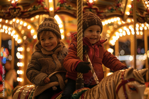 Christmas Market Carousel - Children joyfully riding a vintage carousel adorned with festive lights