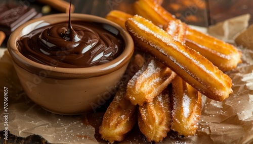 Churros dipped in chocolate with sugar and cinnamon powder