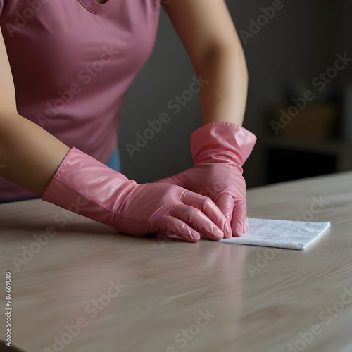 Female cleaner hands in gloves close up, housewife, woman polishing table top with cloths, spray, professional cleaning service working, lady performing home, office duties, tidying up ... 