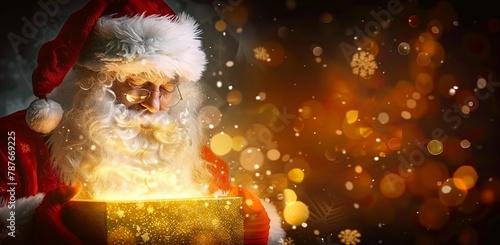 Santa Claus Opens Christmas Present Surrounded by Gleaming Lights. Made with Generative AI Technology (ID: 787669225)