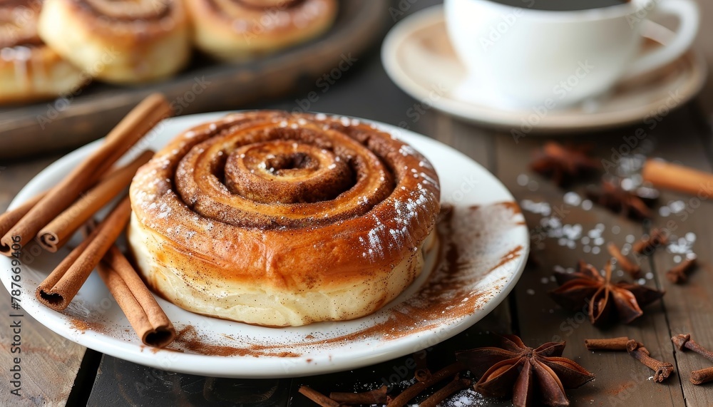 Cinnamon roll coffee cinnamon sticks on a plate Cinnamon roll coffee cinnamon sticks on a plate