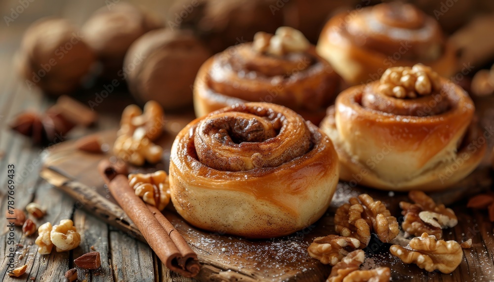 Cinnamon rolls and nuts on a wooden table for breakfast