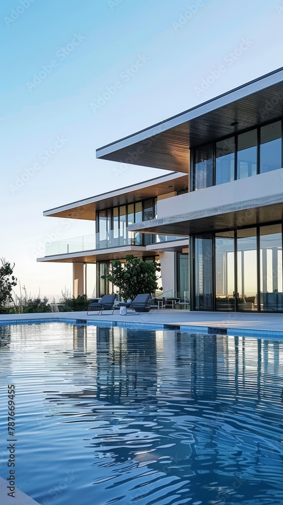 Uses a shot from the edge of the pool, looking back at the expansive house, the pool s cool blues mirroring the clear sky, emphasizing the property s expansive and open design