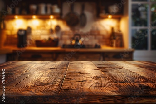 Rustic kitchen table with a warm, blurred kitchen background, set for a cozy scene.