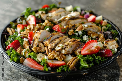 Classic takeout salad with kale mixed greens grilled chicken strawberries cheese nuts olive oil balsamic vinegar salt pepper