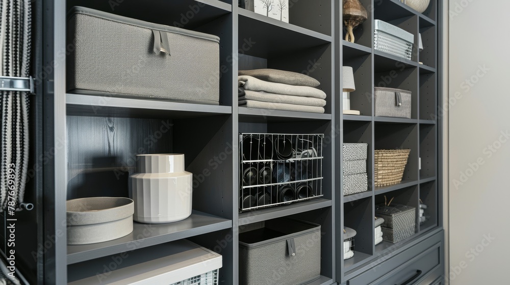 Uses a detailed shot of the apartment s storage solutions, featuring neutral gray shelving and organizers that maximize space without sacrificing style Uses a detailed shot of the apartment s storage solutions, featuring neutral gray shelving and organizers that maximize space without sacrificing style