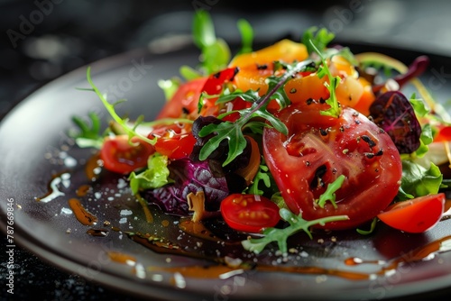 Close up of a fresh vegetable salad with bright appetizing colors on a stylish dark plate