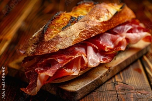 Close up of a sandwich with Spanish serrano ham on a wooden table photo