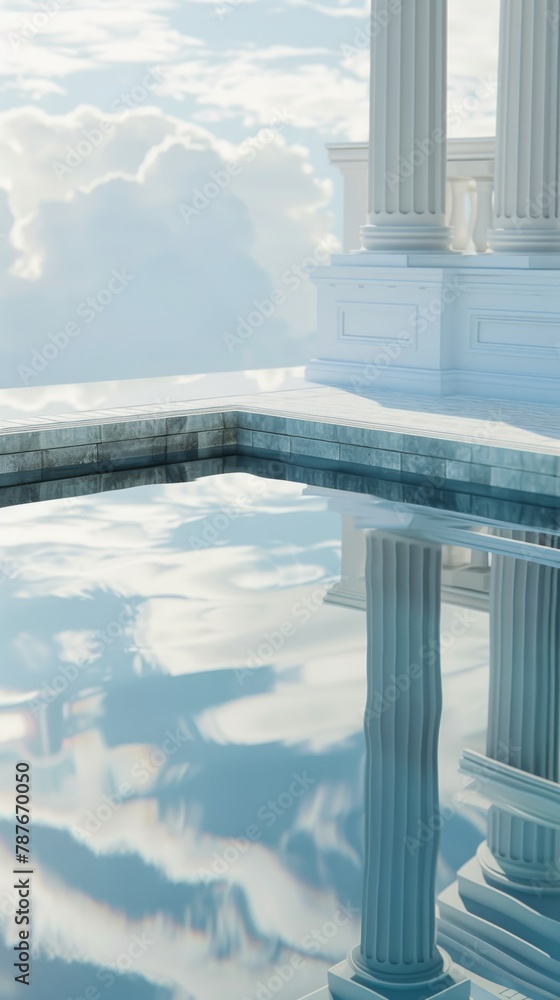 Fototapeta premium Uses a closeup shot of the pool water, reflecting the sky and the house s elegant architecture, highlighting the tranquil cool blues that invite peaceful contemplation