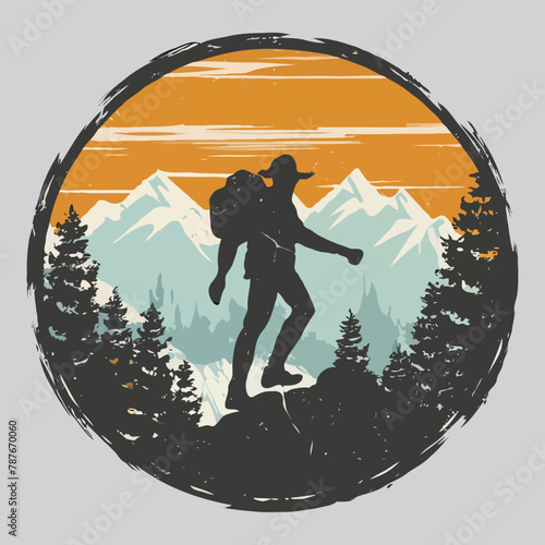 Mountain hiking and adventure illustration vintage t shirt design, minimalist tshirt, minimal design, summer shirt, mountain hiking, Vector illustration with wild, mountain, Hiker, and adventure