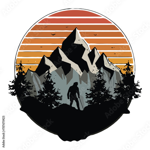 Mountain hiking and adventure illustration vintage t shirt design, minimalist tshirt, minimal design, summer shirt, mountain hiking, Vector illustration with wild, mountain, Hiker, and adventure