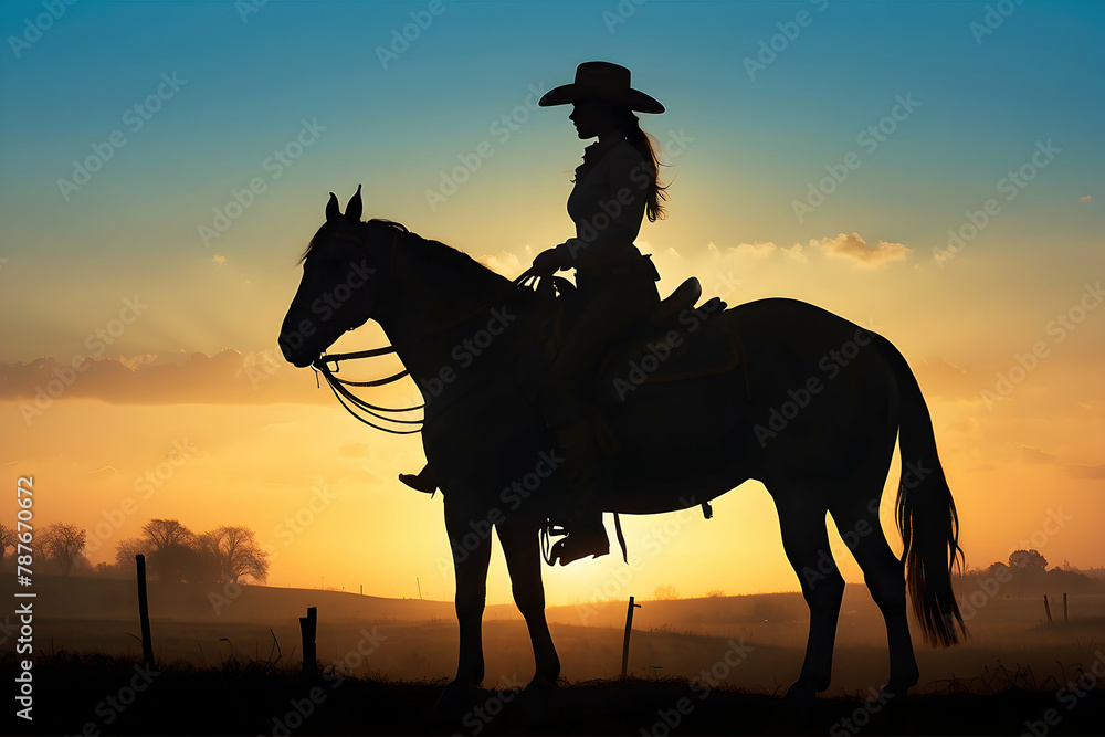 A lone cowgirl rides on a horseback silhouette against a vibrant sunset A lone cowgirl rides on a horseback silhouette against a vibrant sunset