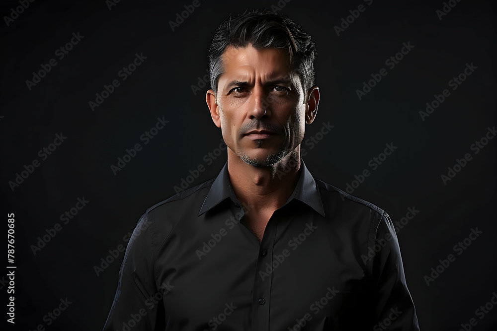 Obraz premium An assertive mature man with graying hair dons a black button-up shirt in a studio setting, exuding confidence and experience